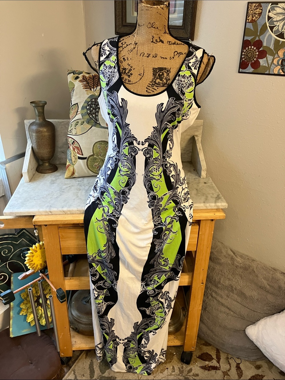 Hale Bob White, Lime & Black Printed Sleeveless Maxi Dress Gorgeous L! - Picture 1 of 11